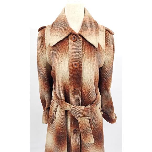 Vtg 70s Miss Gallery Women's S/M Brown & Tan Plaid Retro Wool Trench Coat w/Belt - Picture 2 of 12